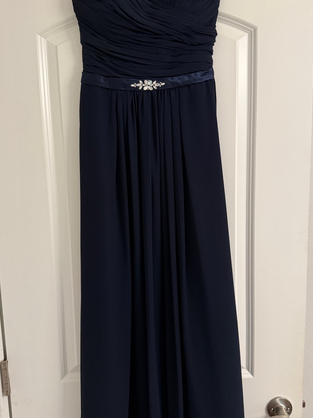 a.n.a Navy Maxi Dress with Satin Waist and Crystal Accent